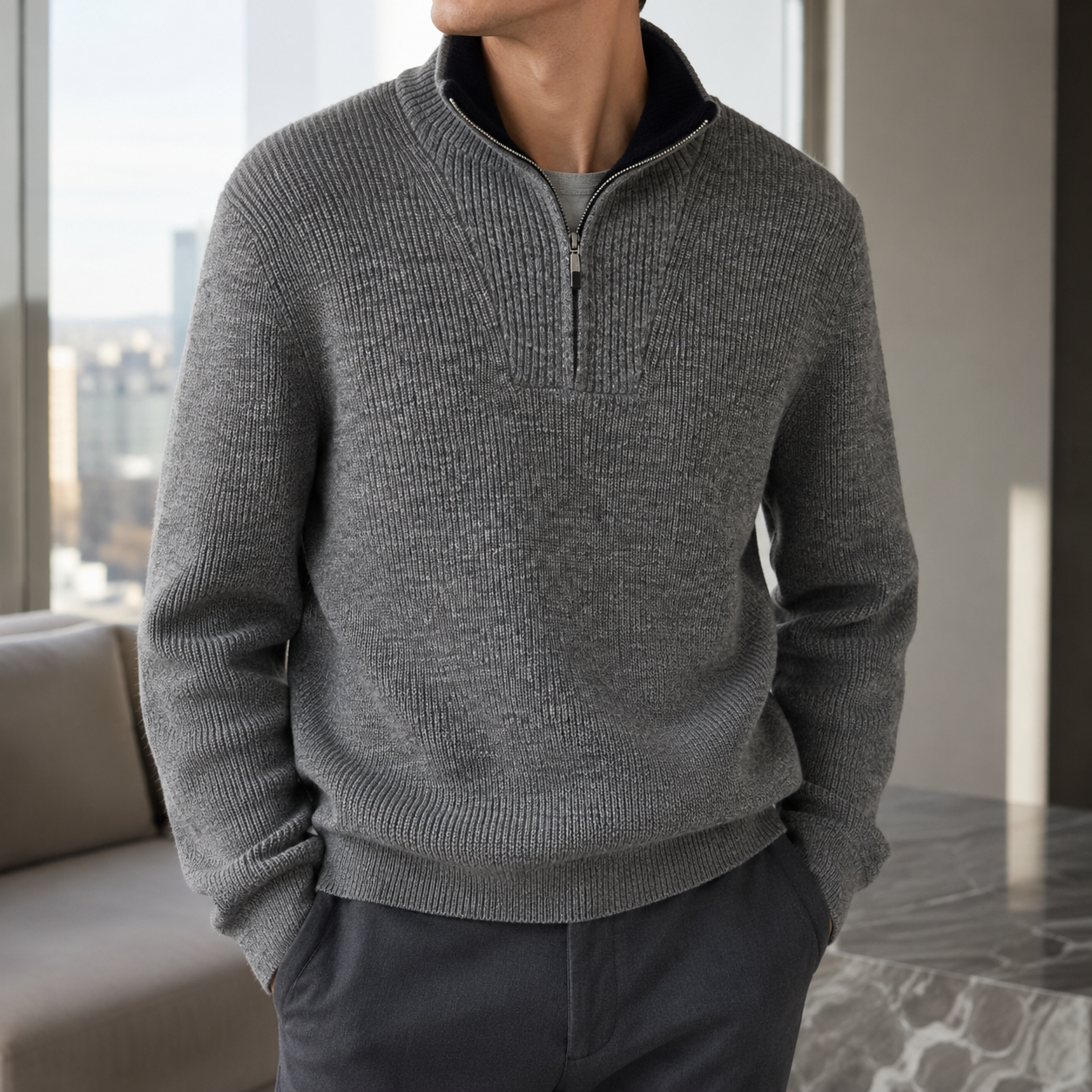 Alessandro Men's Quarter-Zip Sweater – Two-Tone Stand Collar Pullover