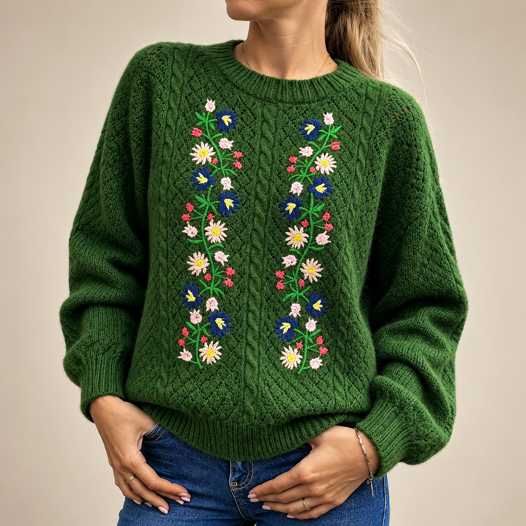 Gianna Floral Embroidered Cable Knit Sweater