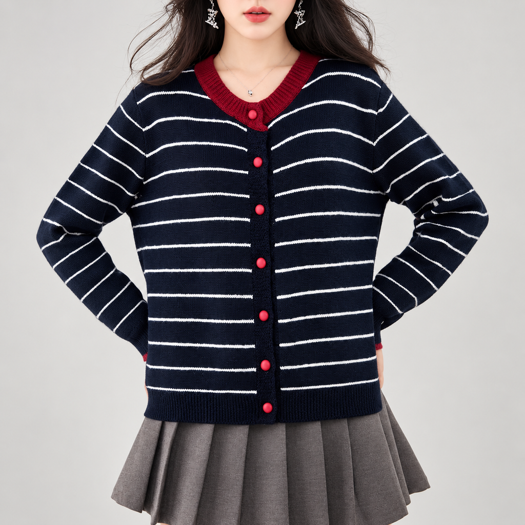 Beatrice Contrast Trim Striped Knit Cardigan