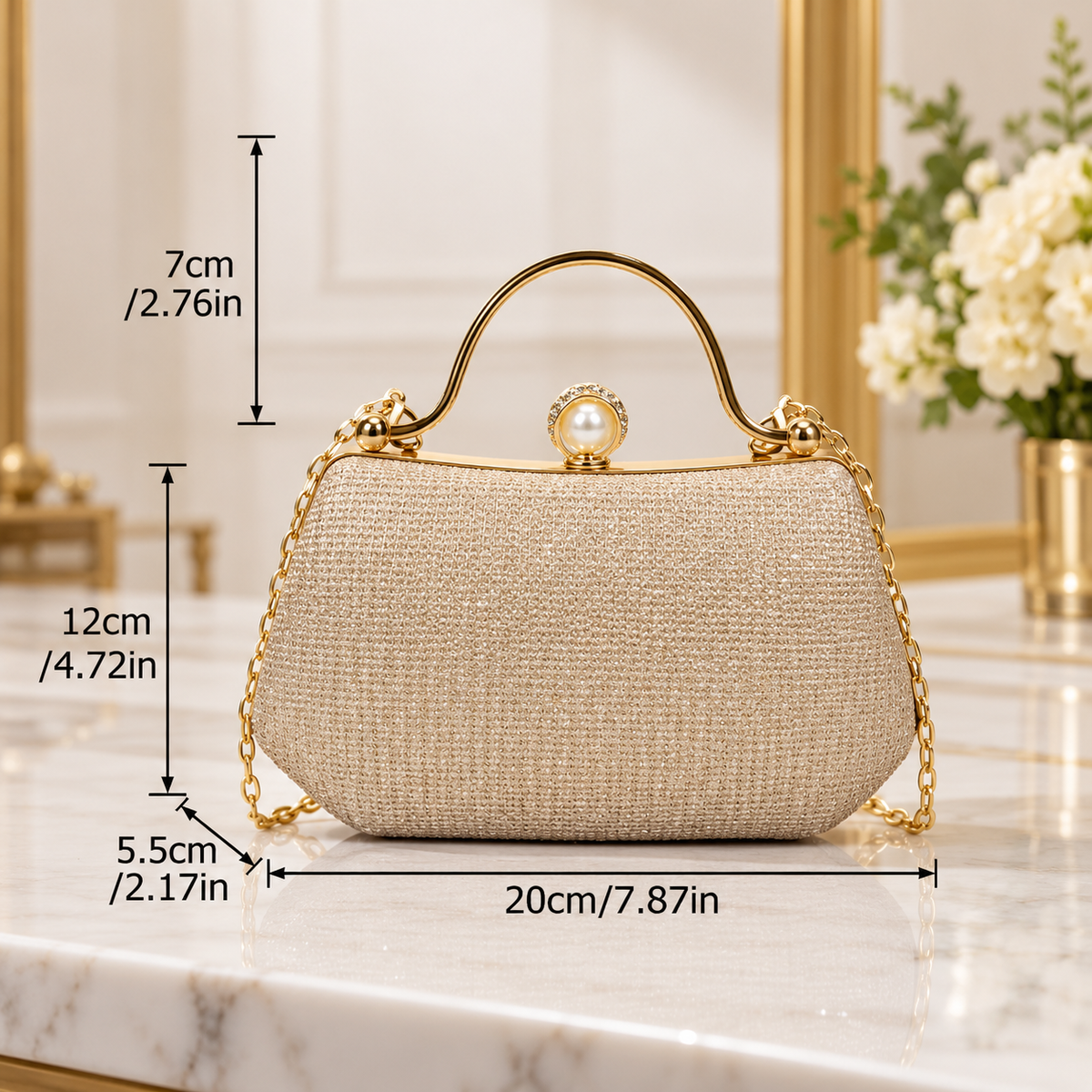 Elodie Pearl Clasp Glitter Evening Handbag with Chain Strap