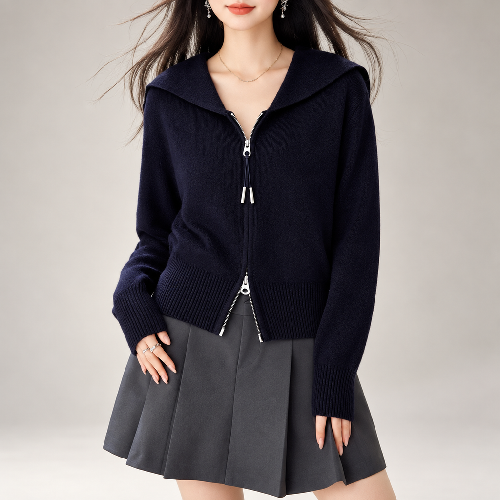 Amelia Navy Sailor Collar Zip Knit Cardigan for Women