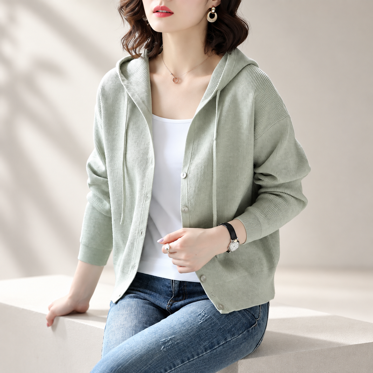 Clara Hooded Knit Cardigan – Women’s Button Front Long Sleeve Sweater