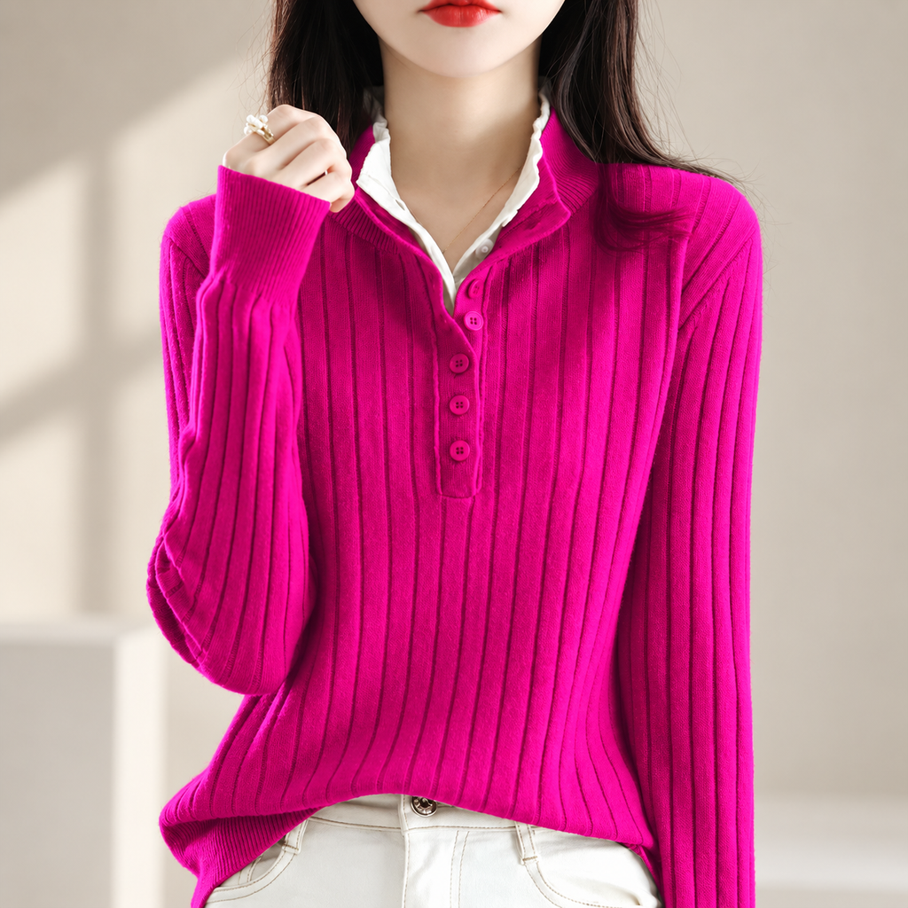 Felicity Women’s Ribbed Polo Knit Sweater – Long Sleeve Button Placket Pullover