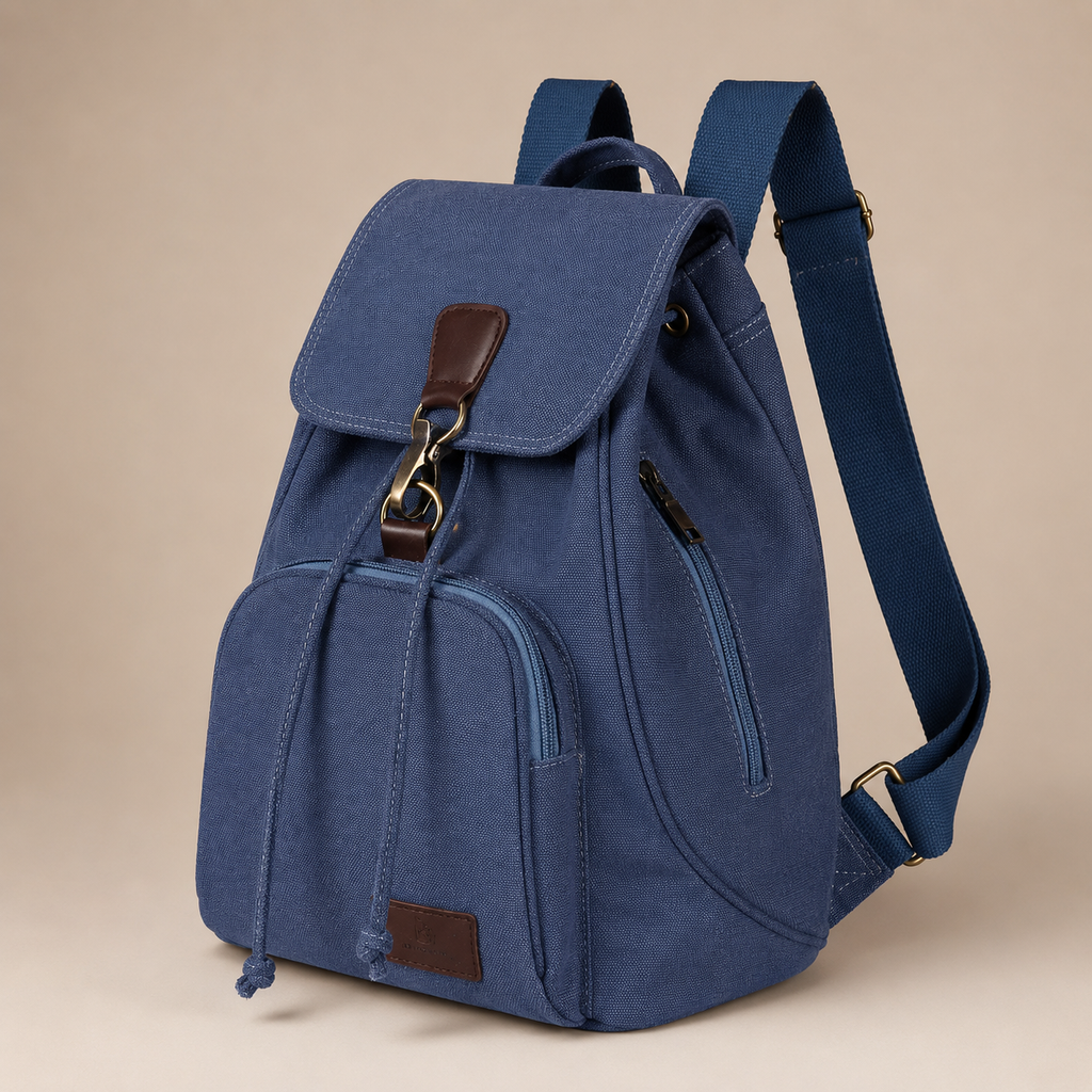 Marlowe Canvas Backpack – Drawstring Flap Rucksack with Front & Side Zip Pockets