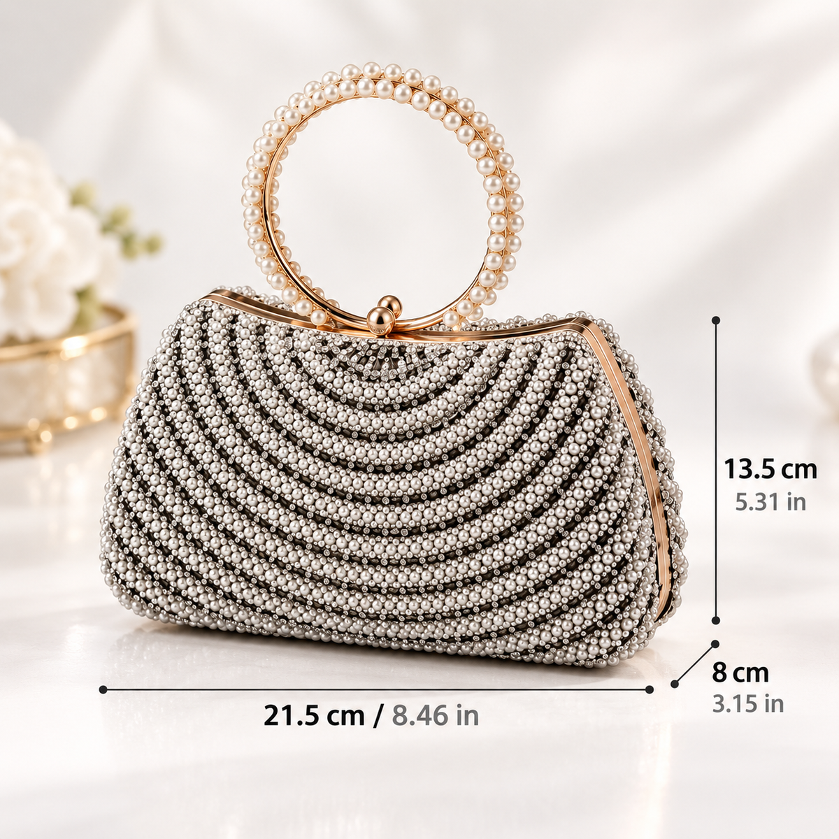 Camille Pearl Beaded Ring Handle Evening Clutch Bag