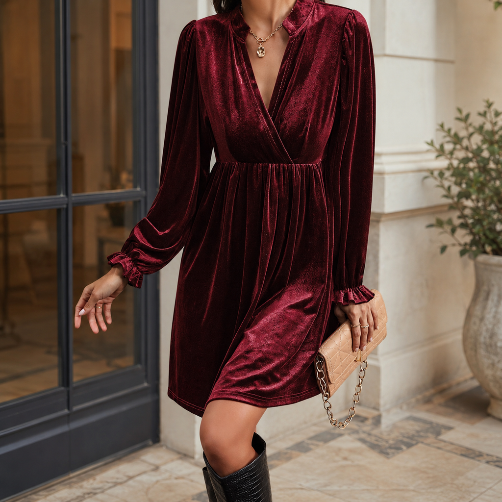 Genevieve Velvet Mini Dress – Long Sleeve V-Neck Empire Waist Dress with Ruffle Cuffs
