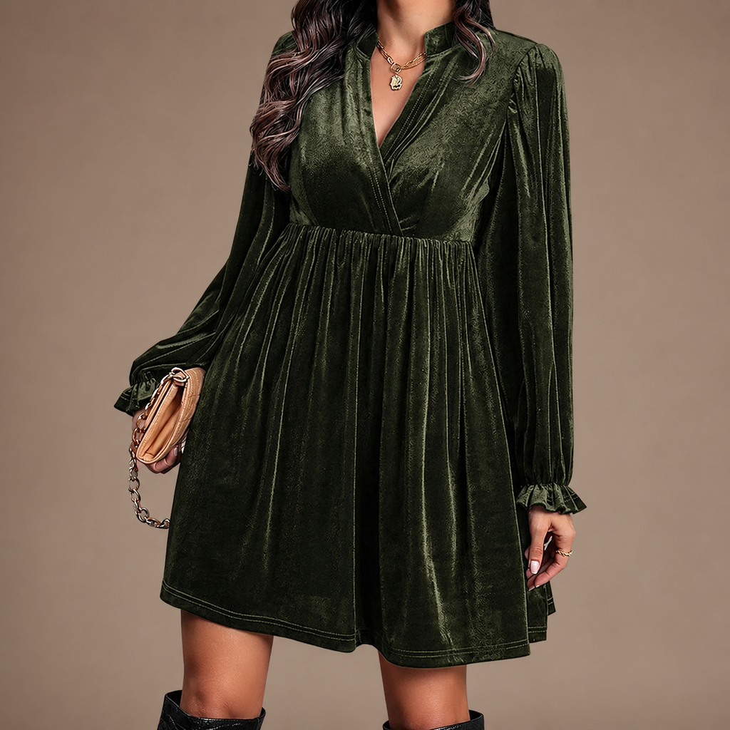 Genevieve Velvet Mini Dress – Long Sleeve V-Neck Empire Waist Dress with Ruffle Cuffs