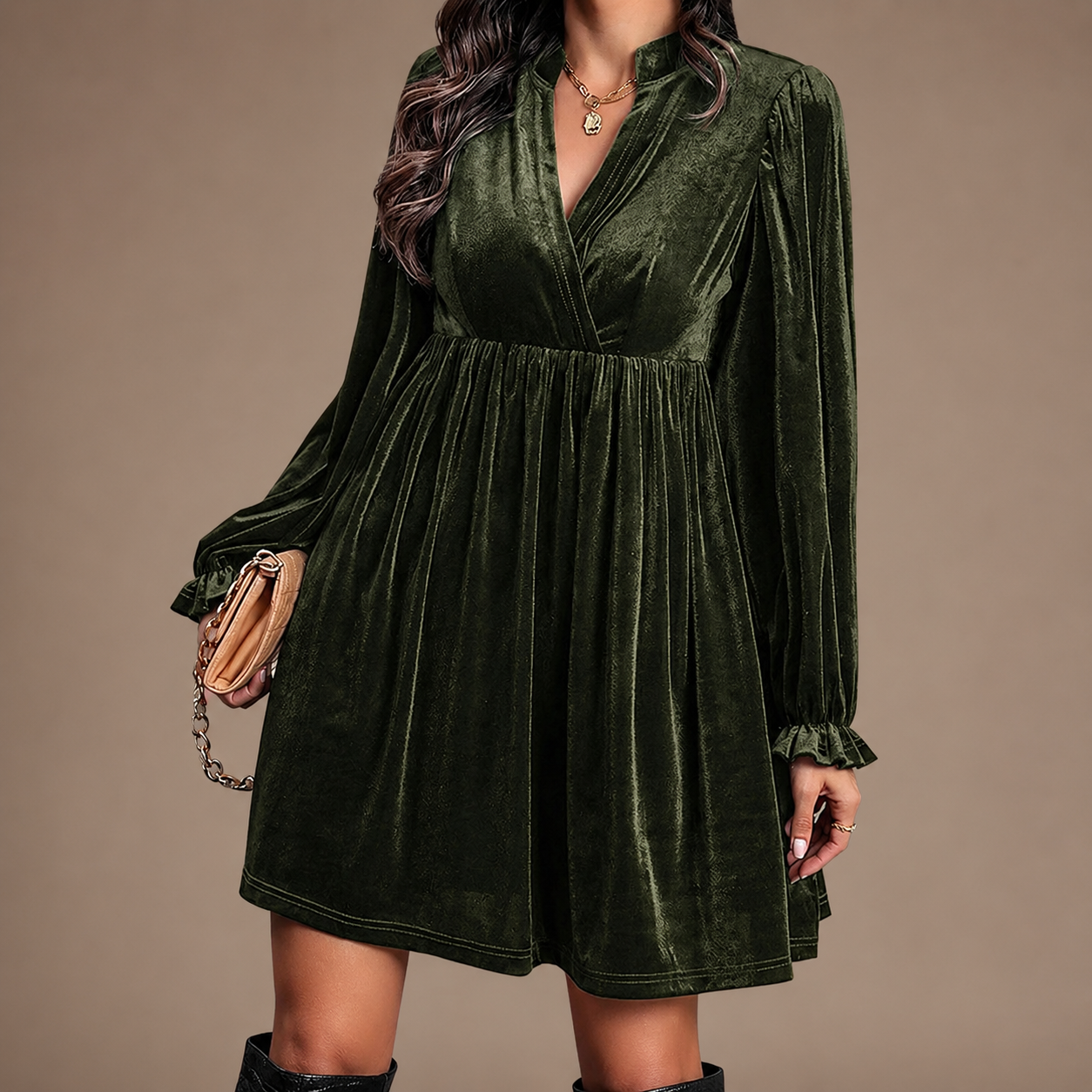 Genevieve Velvet Mini Dress – Long Sleeve V-Neck Empire Waist Dress with Ruffle Cuffs