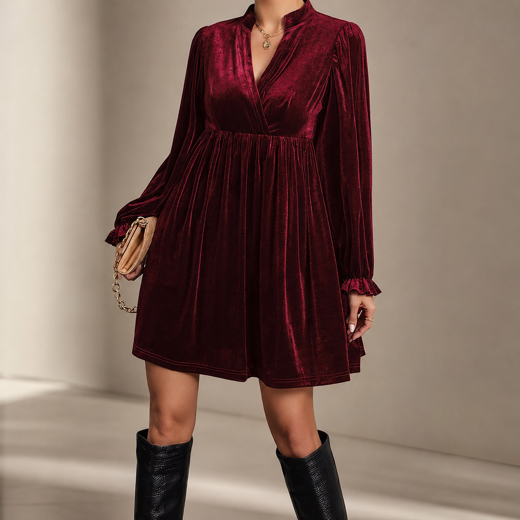 Genevieve Velvet Mini Dress – Long Sleeve V-Neck Empire Waist Dress with Ruffle Cuffs