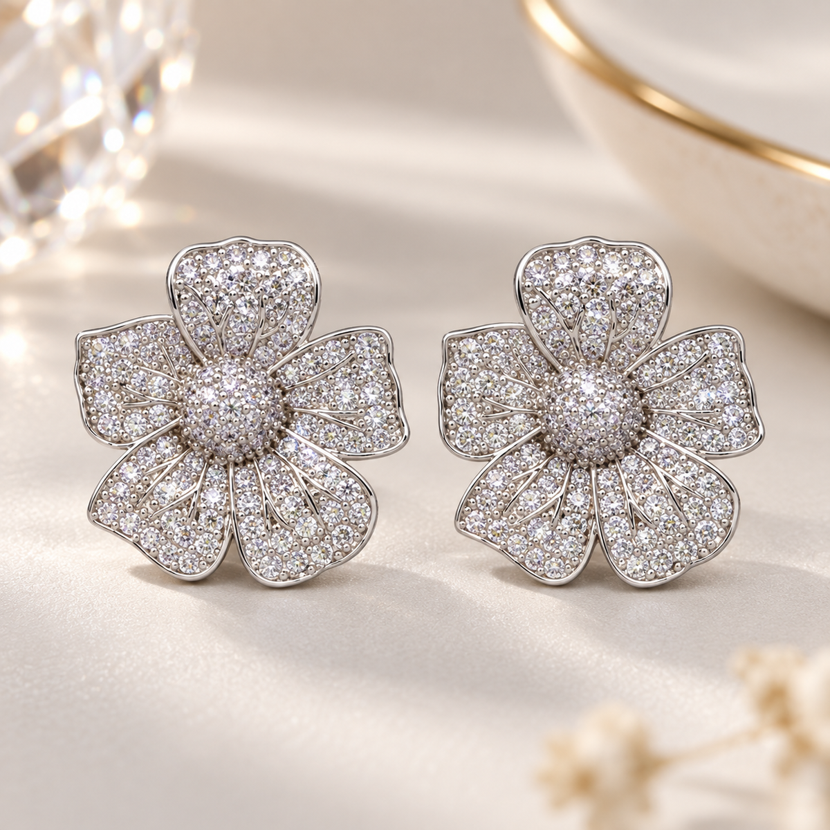 Genevieve Crystal Flower Stud Earrings – Pavé Floral Statement Earrings