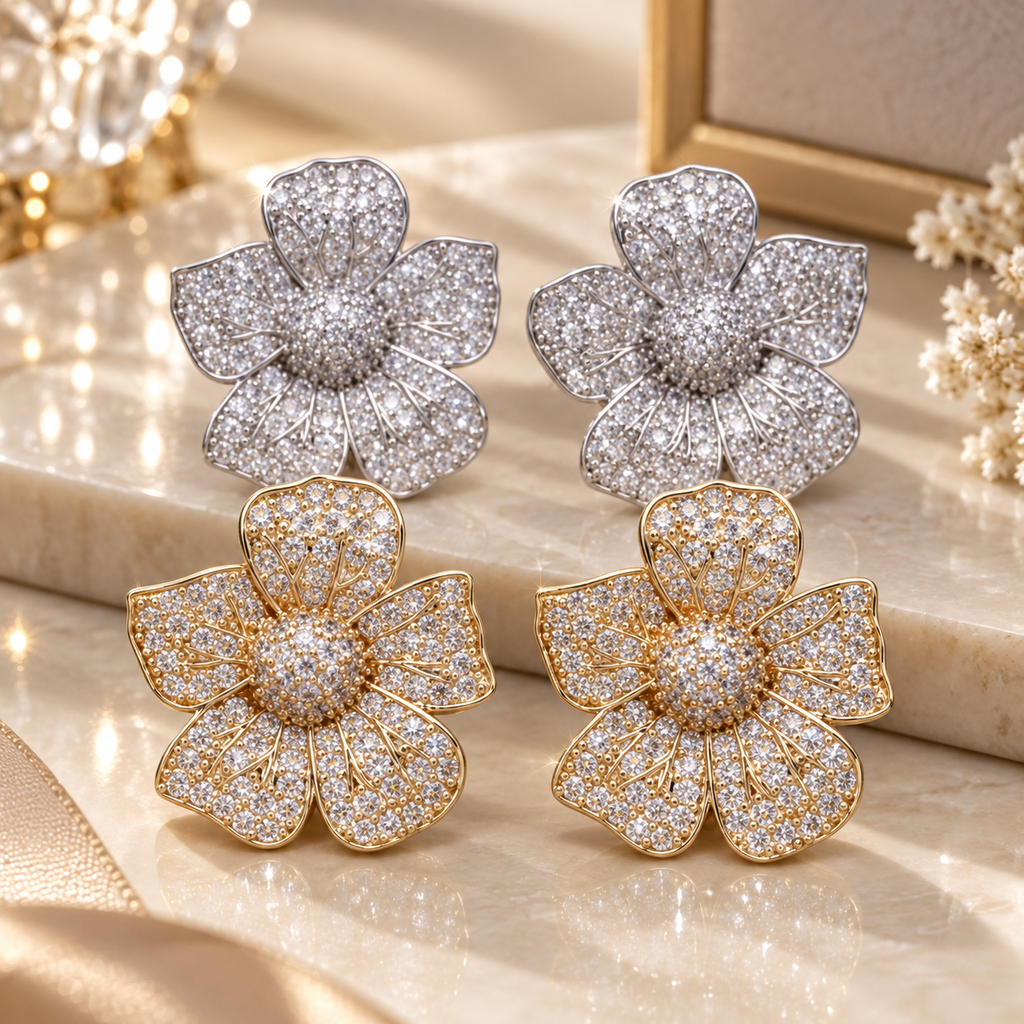 Genevieve Crystal Flower Stud Earrings – Pavé Floral Statement Earrings
