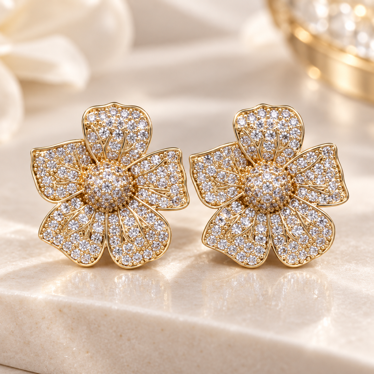 Genevieve Crystal Flower Stud Earrings – Pavé Floral Statement Earrings