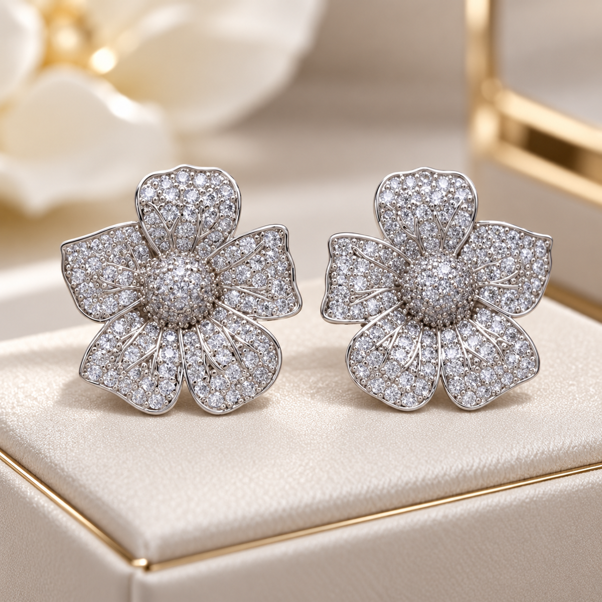 Genevieve Crystal Flower Stud Earrings – Pavé Floral Statement Earrings