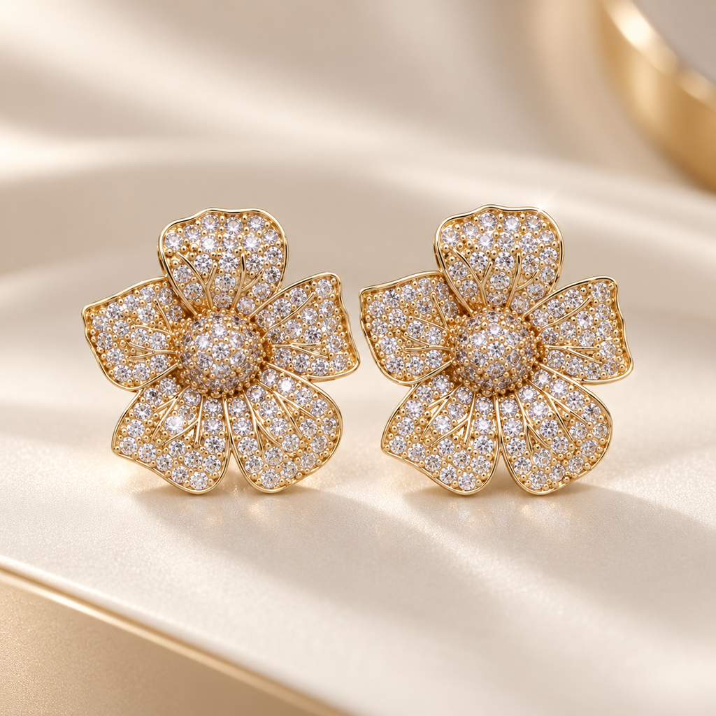 Genevieve Crystal Flower Stud Earrings – Pavé Floral Statement Earrings
