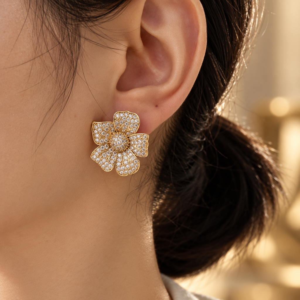 Genevieve Crystal Flower Stud Earrings – Pavé Floral Statement Earrings