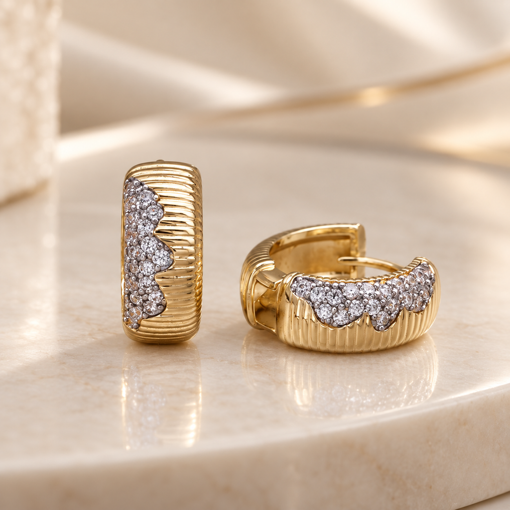 Beatrice Crystal Ribbed Huggie Earrings – Gold Tone Pavé Accent Hoop Earrings