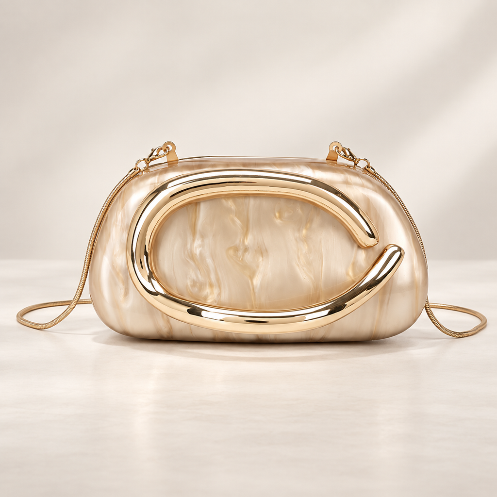 Elodie Marbled Acrylic Evening Clutch with Gold-Tone Handle & Chain Strap