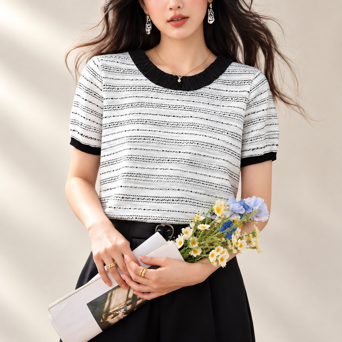 Camille Contrast-Trim Striped Knit Short Sleeve Top