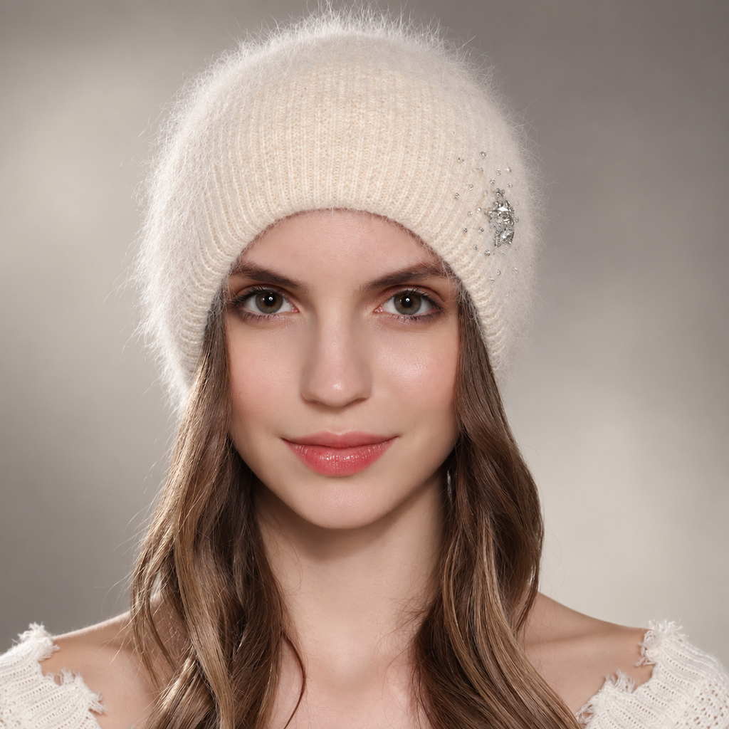 Isabelle Women’s Fuzzy Knit Beanie – Rhinestone Accent Winter Hat