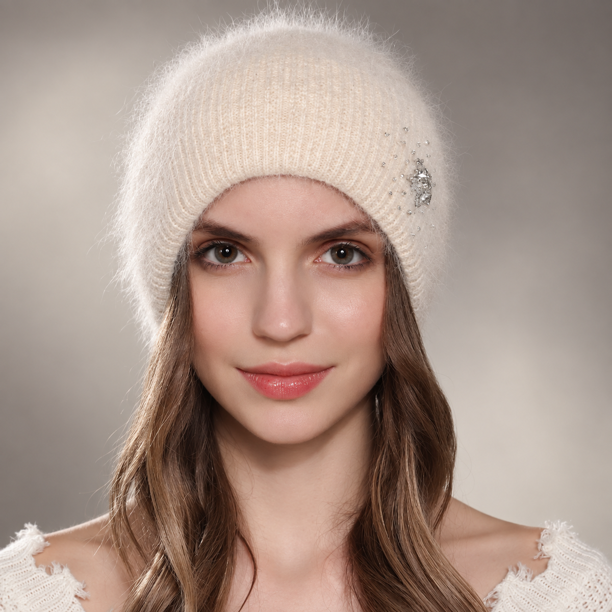 Isabelle Women’s Fuzzy Knit Beanie – Rhinestone Accent Winter Hat