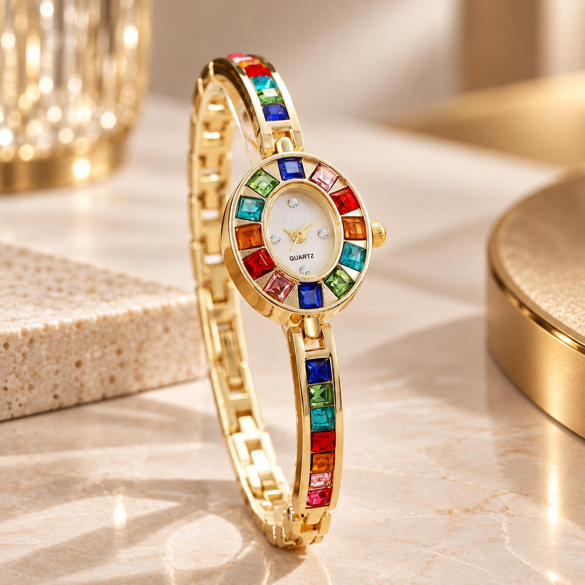 Celeste Rainbow Crystal Oval Quartz Bracelet Watch