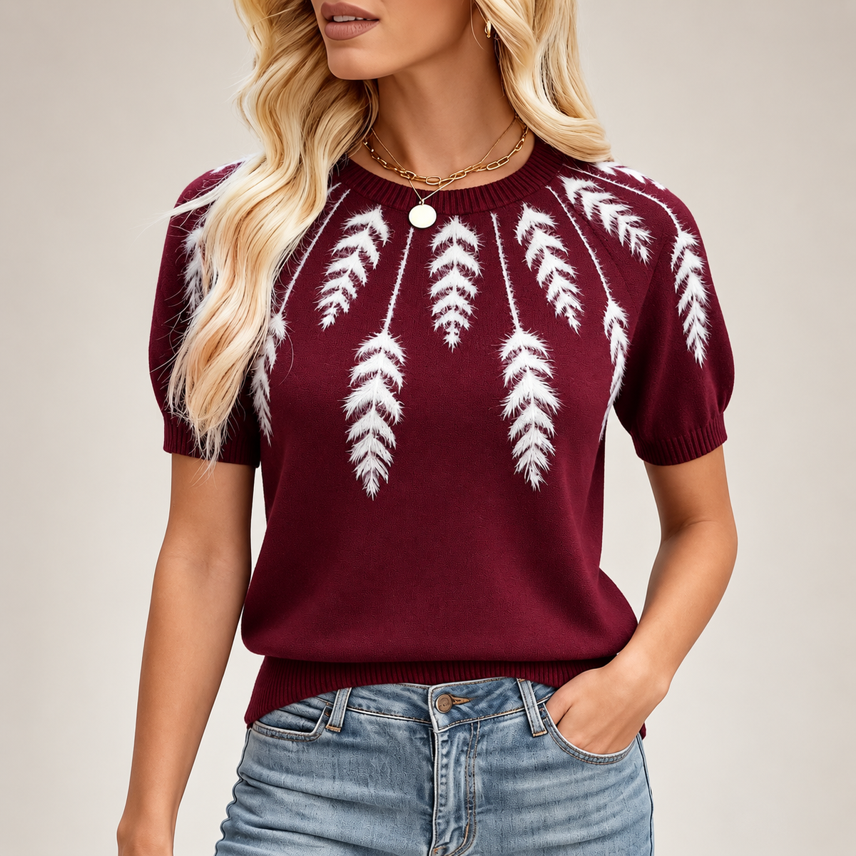 Genevieve Women’s Burgundy Feather Motif Short Sleeve Knit Sweater