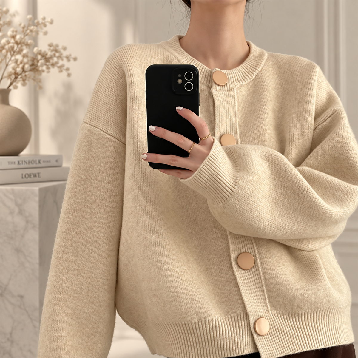 Elena Women's Round Neck Knit Cardigan with Oversized Buttons
