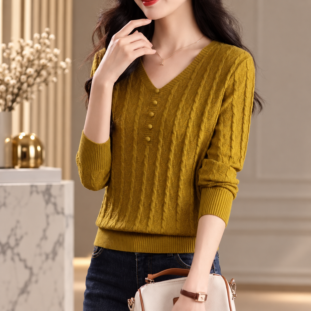 Francesca Women's Cable Knit V-Neck Sweater with Decorative Button Placket