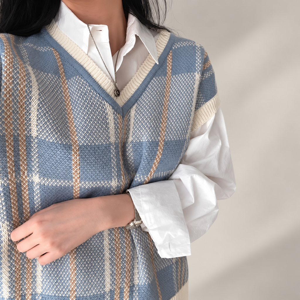 Elodie Women’s Plaid V-Neck Knit Sweater Vest
