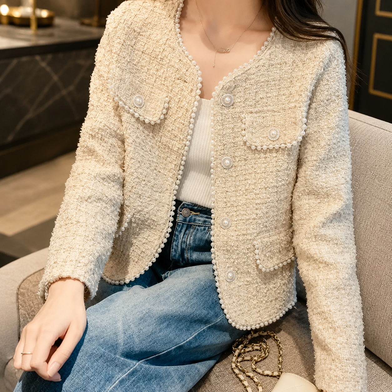 Camille Women's Pearl-Trim Tweed Jacket