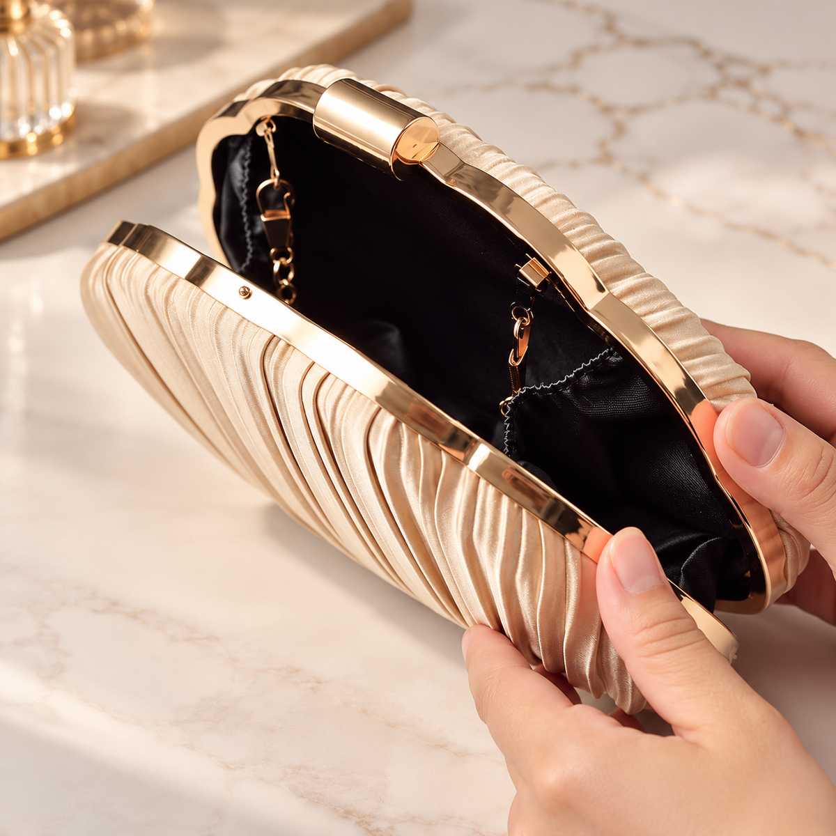 Rosalie Pleated Shell Evening Clutch with Gold Frame