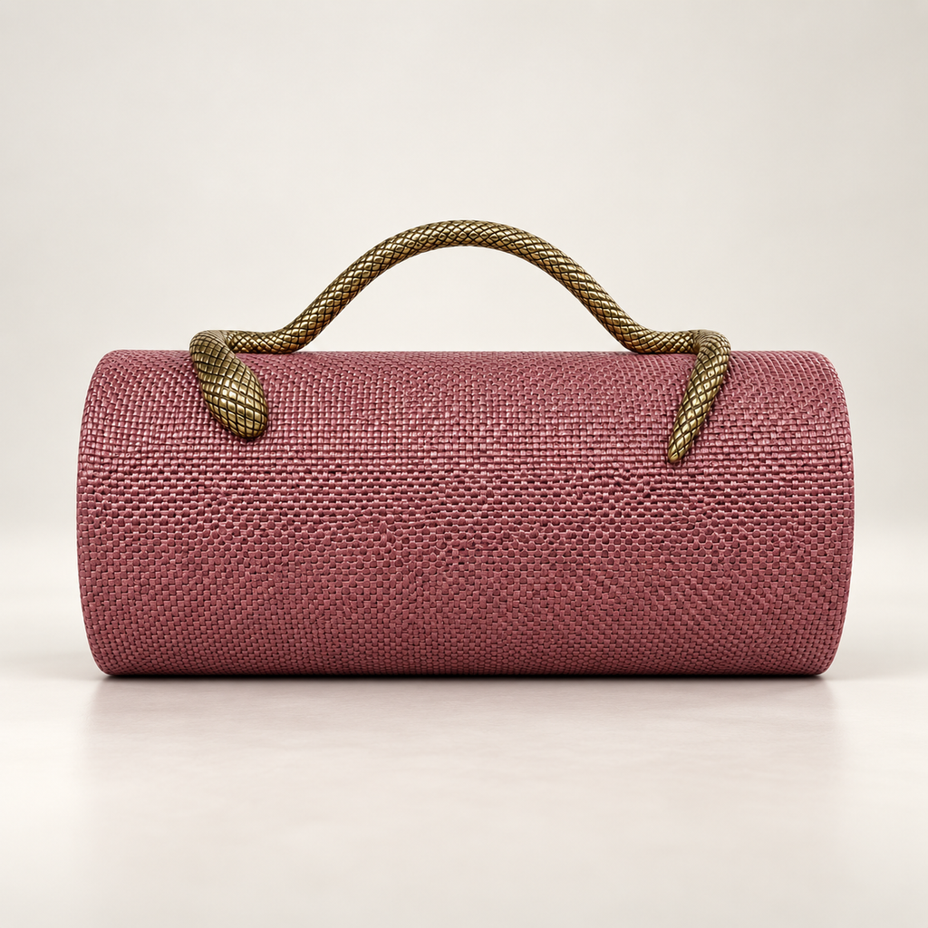 Elodie Women’s Woven Cylinder Clutch with Sculpted Snake Handle