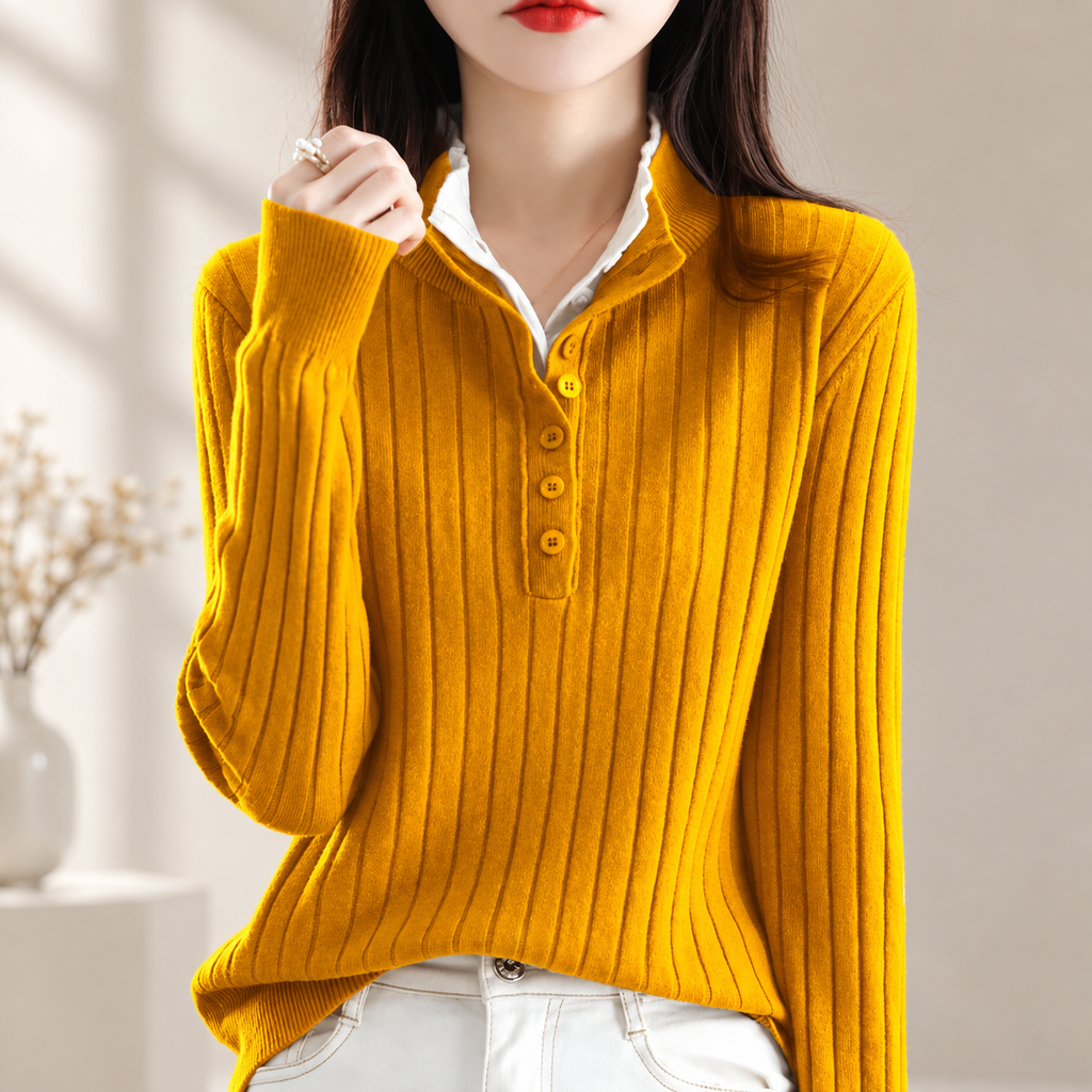 Felicity Women’s Ribbed Polo Knit Sweater – Long Sleeve Button Placket Pullover