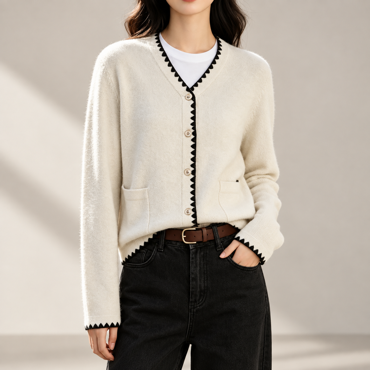 Florence Contrast Trim Knit Cardigan – Ivory V-Neck Button Front Sweater