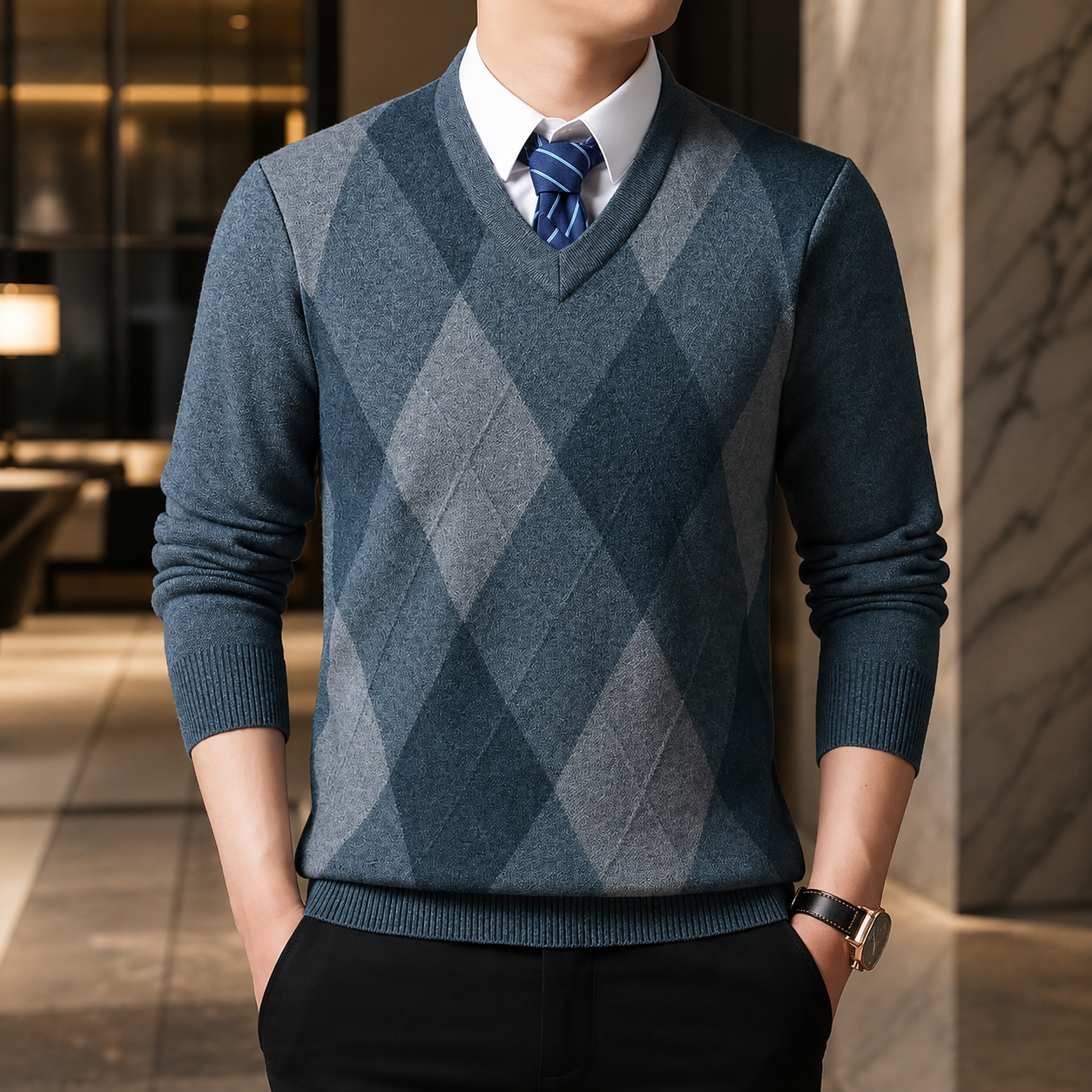 Edmund Men's Argyle V-Neck Knit Sweater