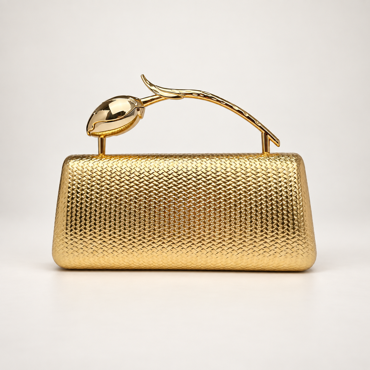 Camille Metallic Woven-Texture Evening Clutch with Sculptural Gold Handle