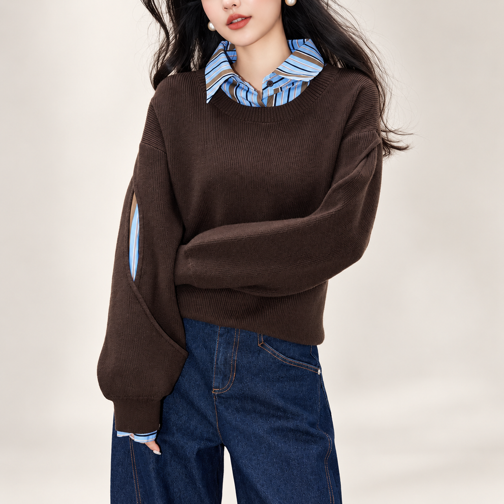 Camille Brown Cutout Sleeve Layered Knit Sweater with Striped Shirt Detail