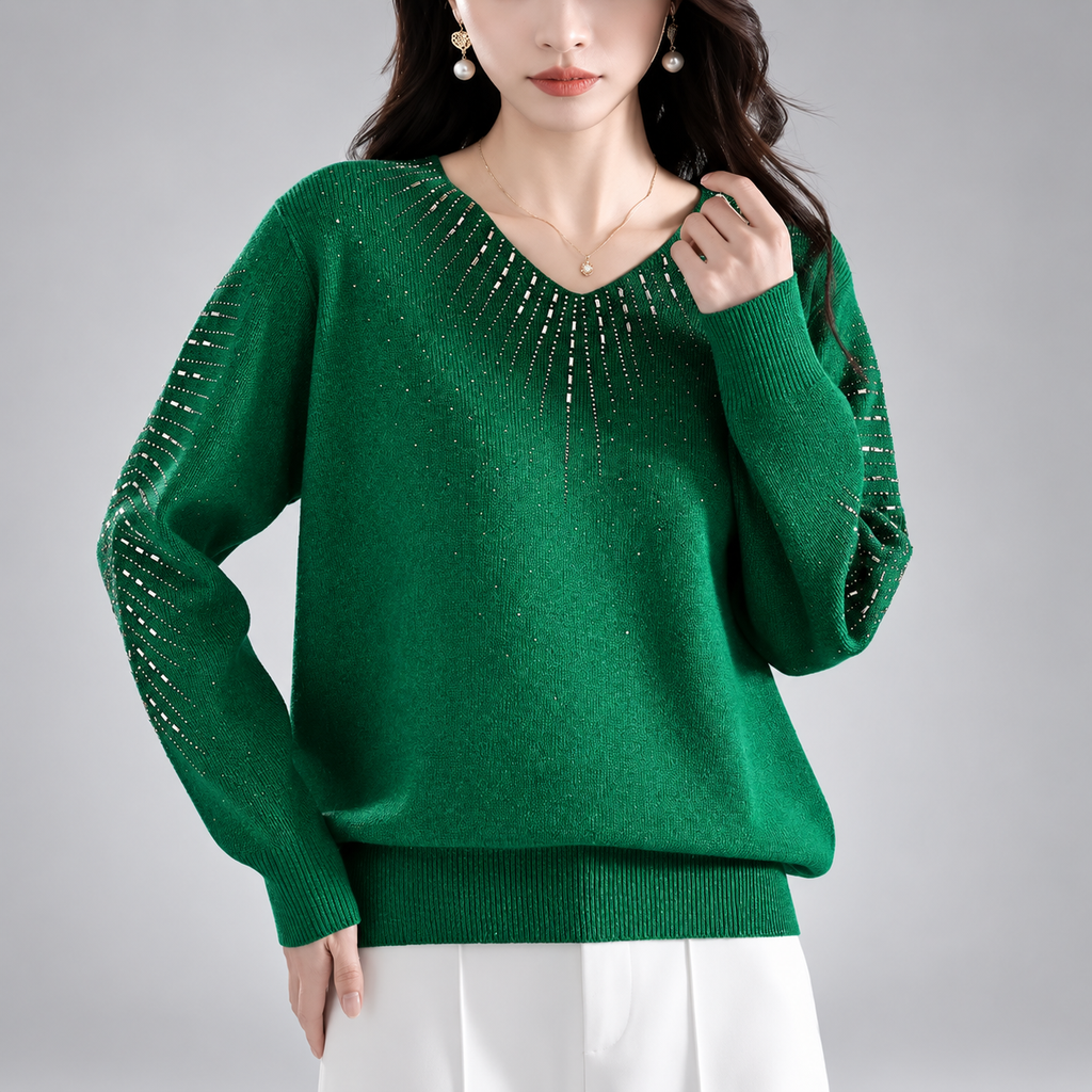 Serafina Women’s V-Neck Embellished Knit Sweater – Long Sleeve Rhinestone Detail Pullover