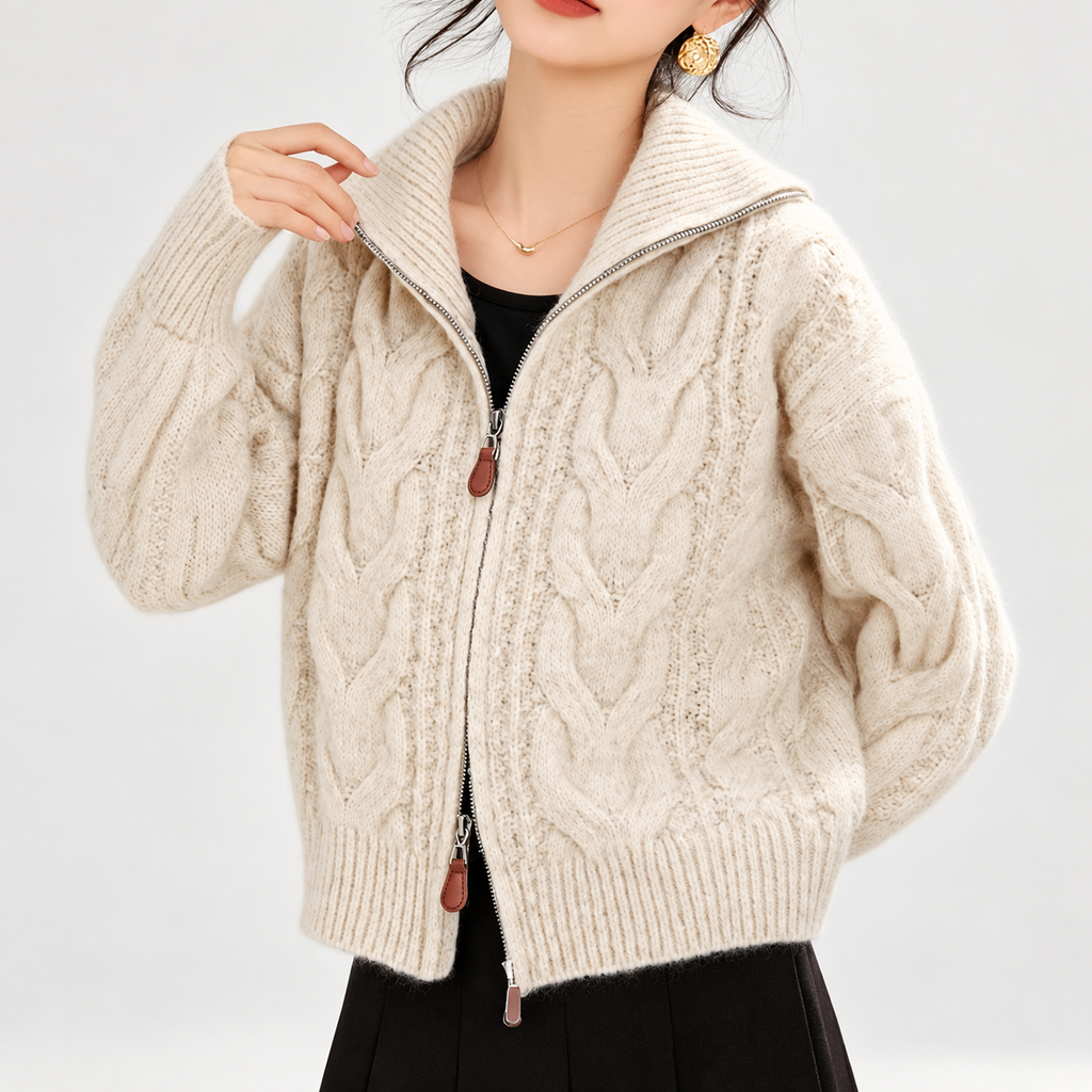 Elena Women’s Cable Knit Zip Cardigan with Stand Collar