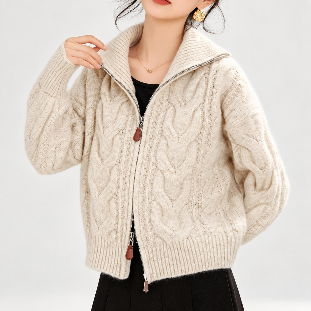 Elena Women’s Cable Knit Zip Cardigan with Stand Collar