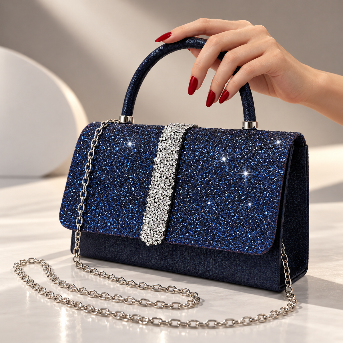 Adeline Navy Blue Glitter Evening Handbag