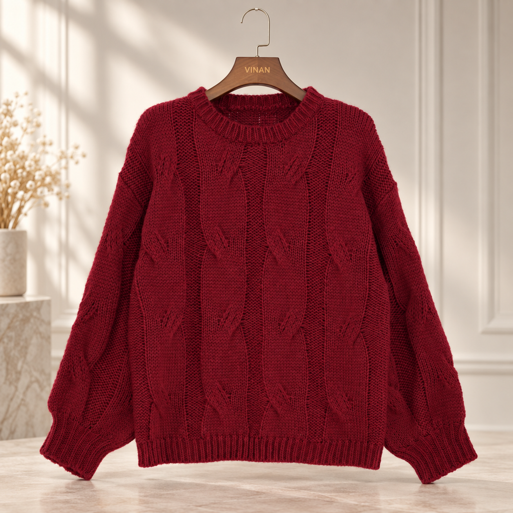 Camille Women’s Burgundy Cable Knit Crew Neck Sweater
