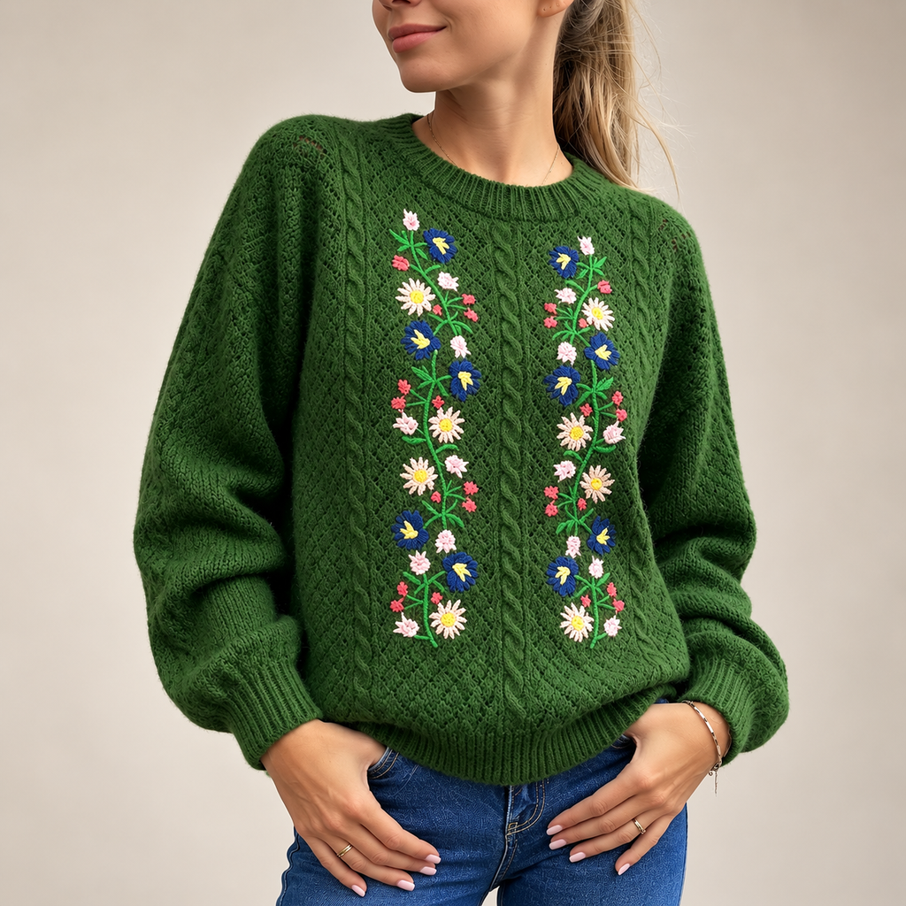 Gianna Floral Embroidered Cable Knit Sweater
