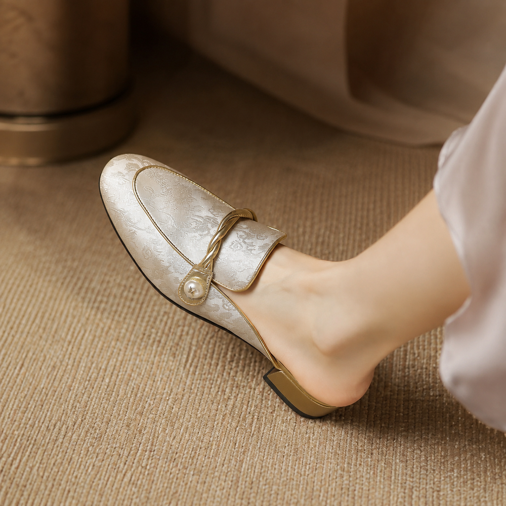 Bianca Satin Floral Mules for Women – Low Heel Slip-On Dress Shoes
