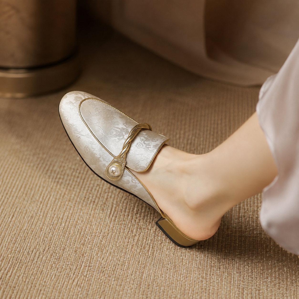 Bianca Satin Floral Mules for Women – Low Heel Slip-On Dress Shoes