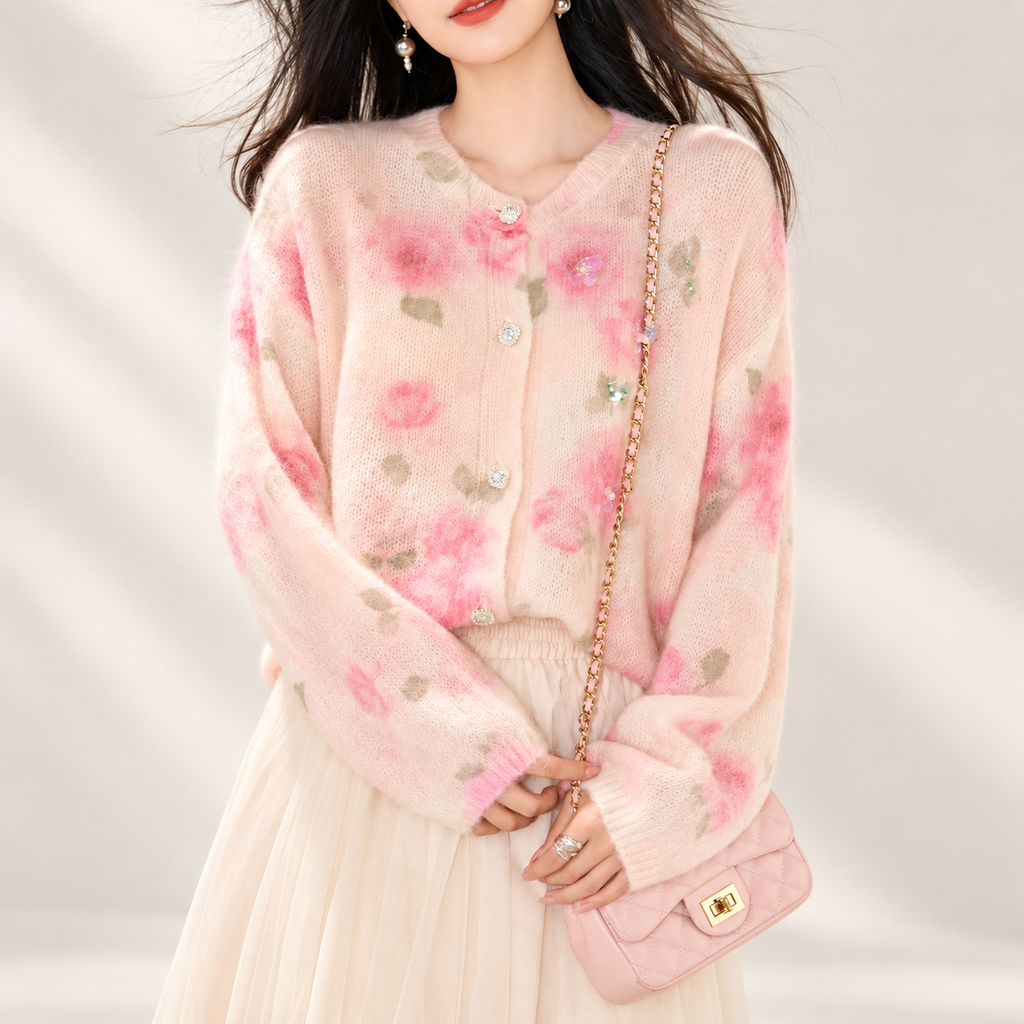 Rosalie Printed Floral Embellished Knit Cardigan