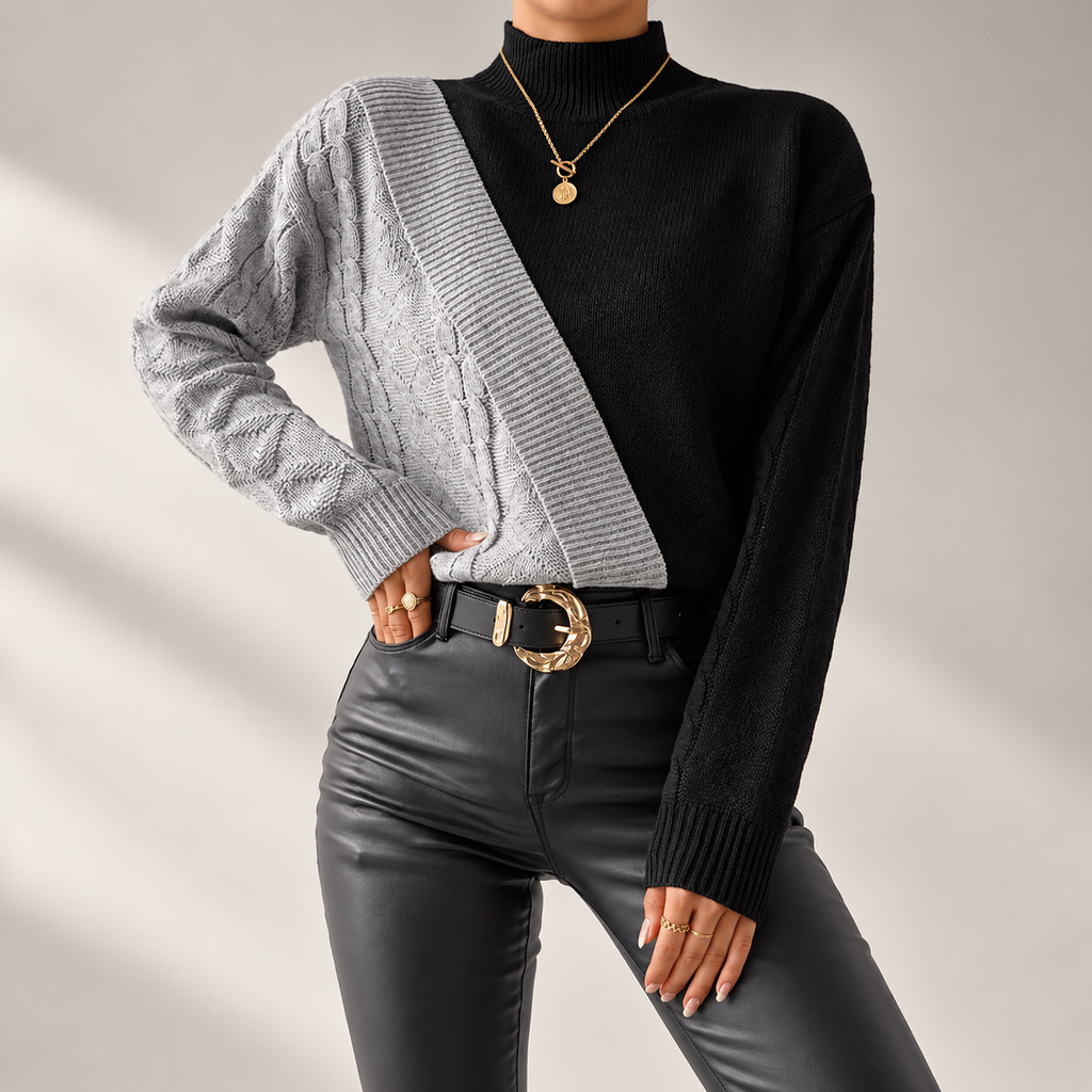 Sienna Women’s Asymmetrical Cable Knit Mock Neck Sweater