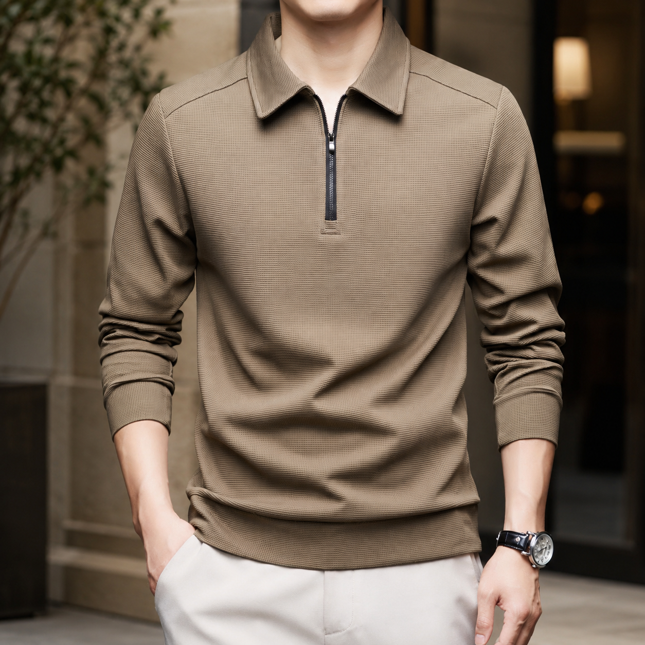 Lorenzo Men's Textured Quarter-Zip Long Sleeve Polo Shirt