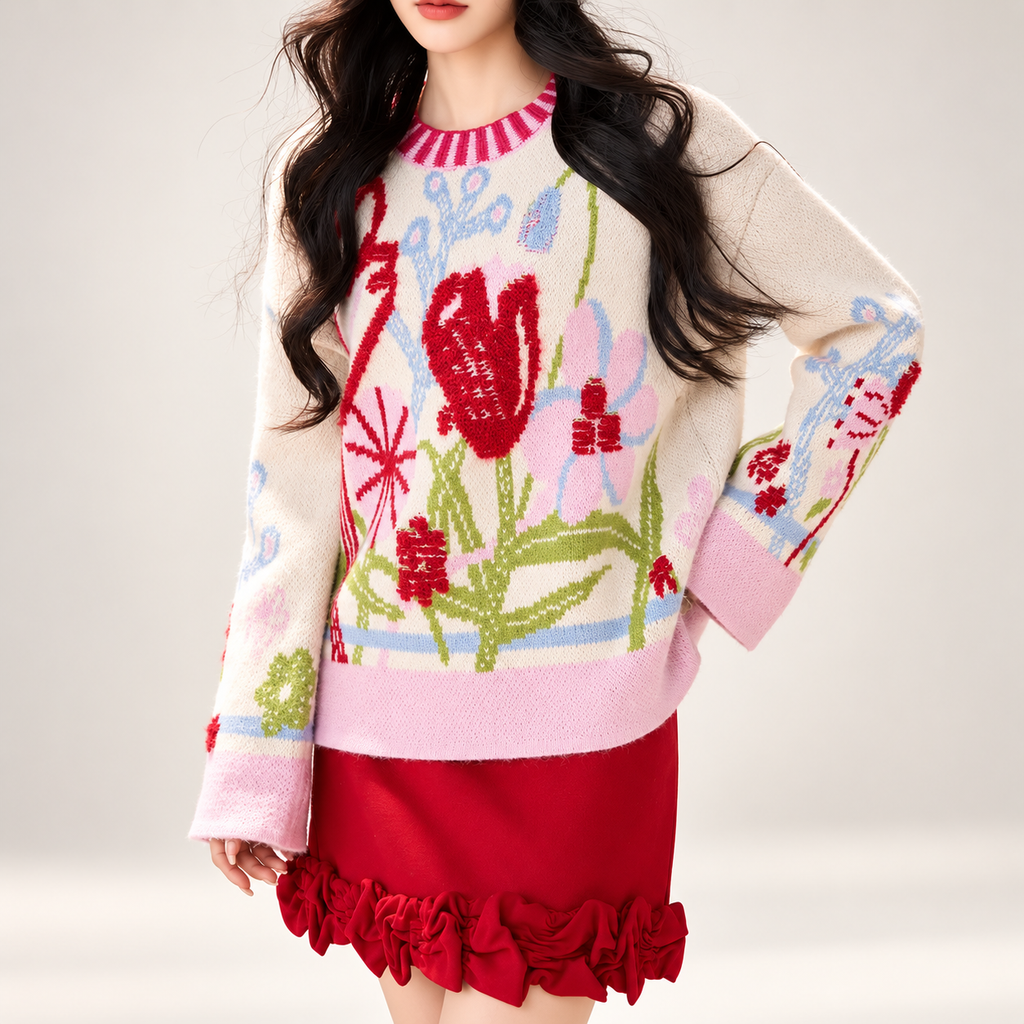 Elodie Women’s Floral Knit Crewneck Sweater