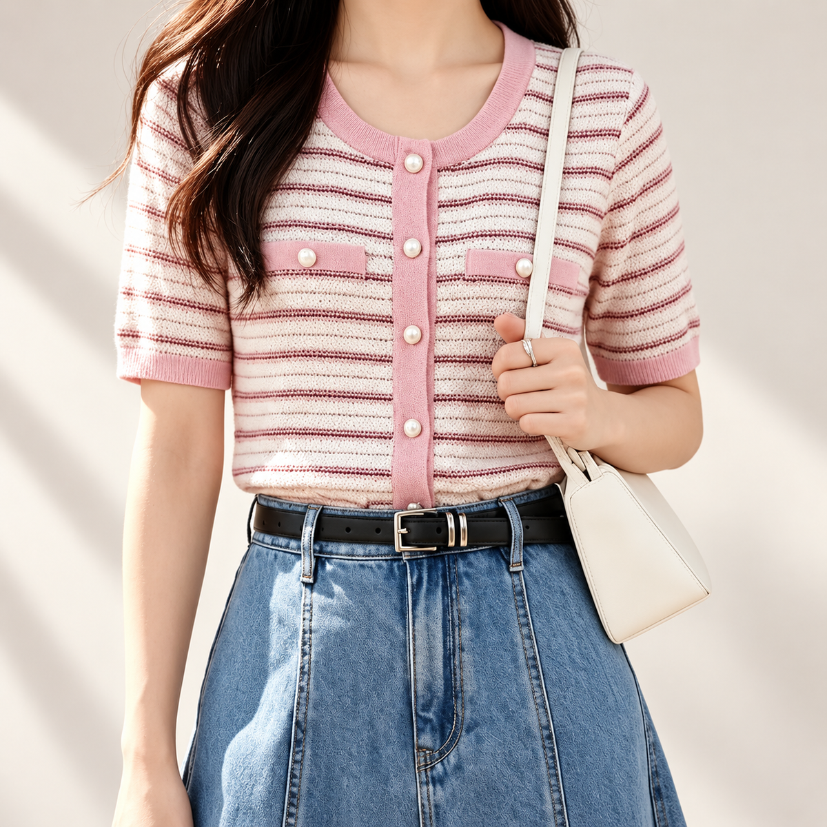 Amélie Pearl-Button Striped Knit Cardigan Top
